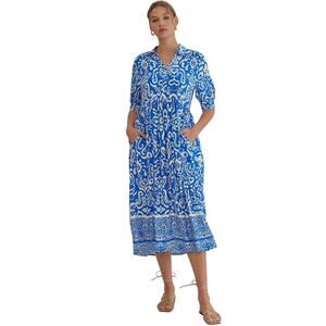 NWT Entro Blue Paisley Midi Dress Collared Button Front Pockets Large
